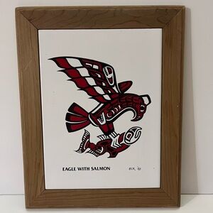 Vintage Haida Designed Tile Art-Eagle with Salmon-Wall Decor Hanging Art-Bix 90